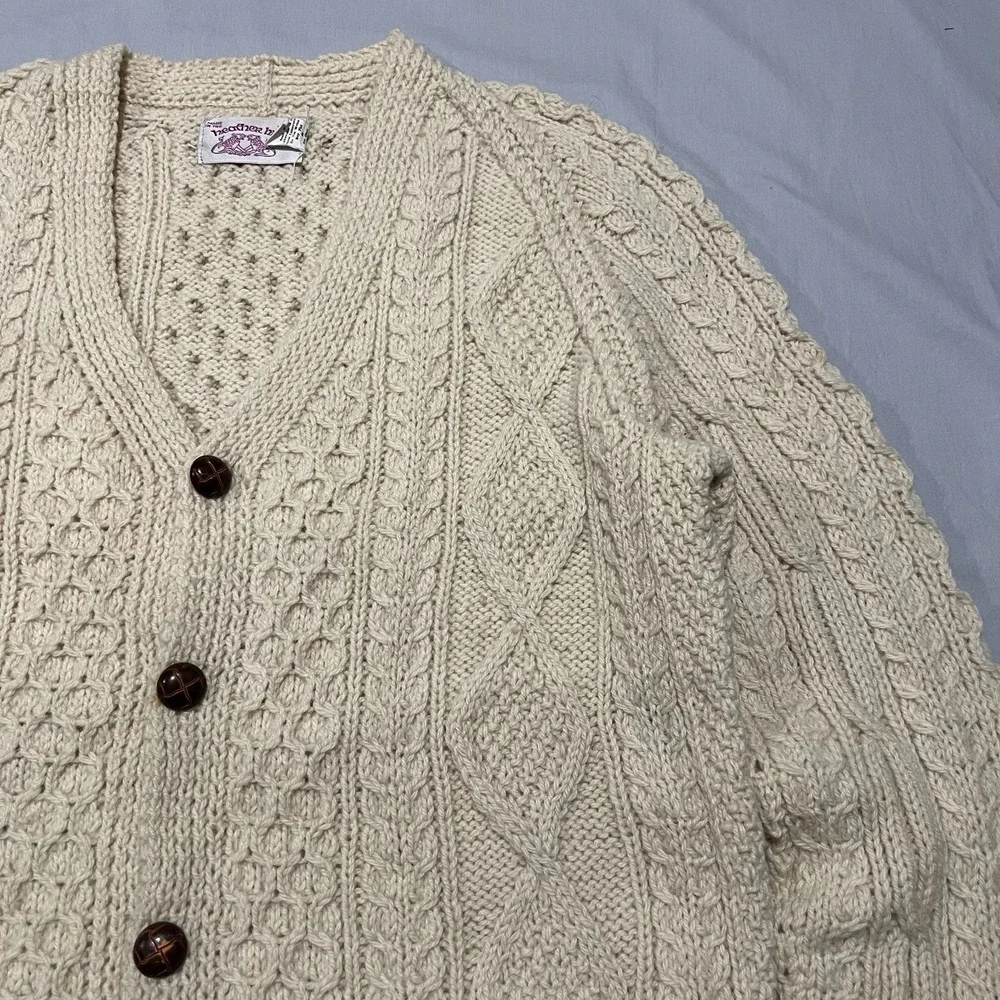 Heather Hill Mens Ivory Hand Chunky Cable Knit Wool Buttons Cardigan Sweater